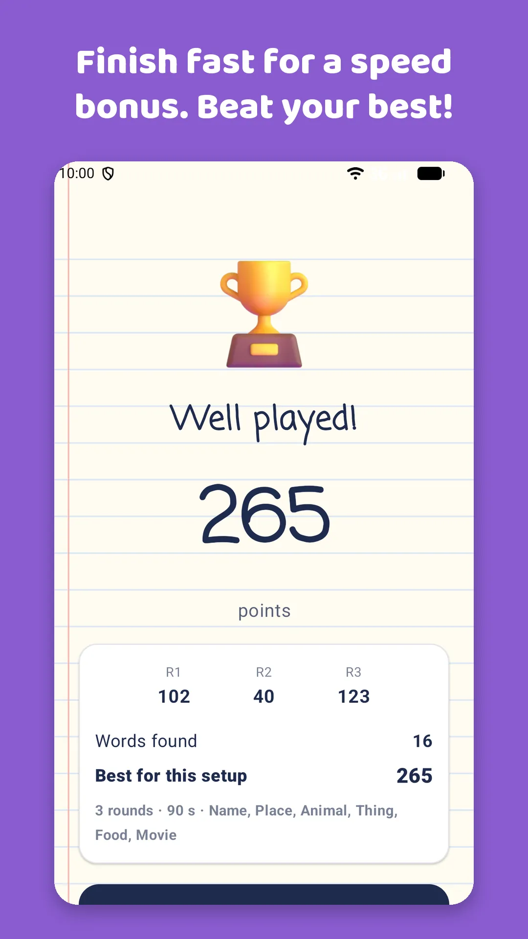 Finish fast for a speed bonus. Beat your best! A final score of 265 points