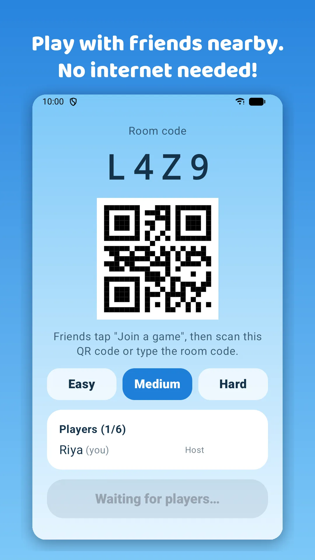Play with friends nearby. No internet needed! A room with its code and QR code
